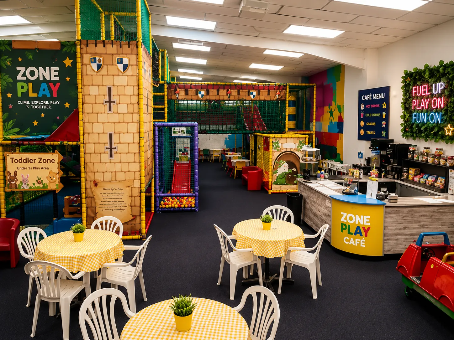 Café and seating area at Zone Play Cardiff indoor soft play centre